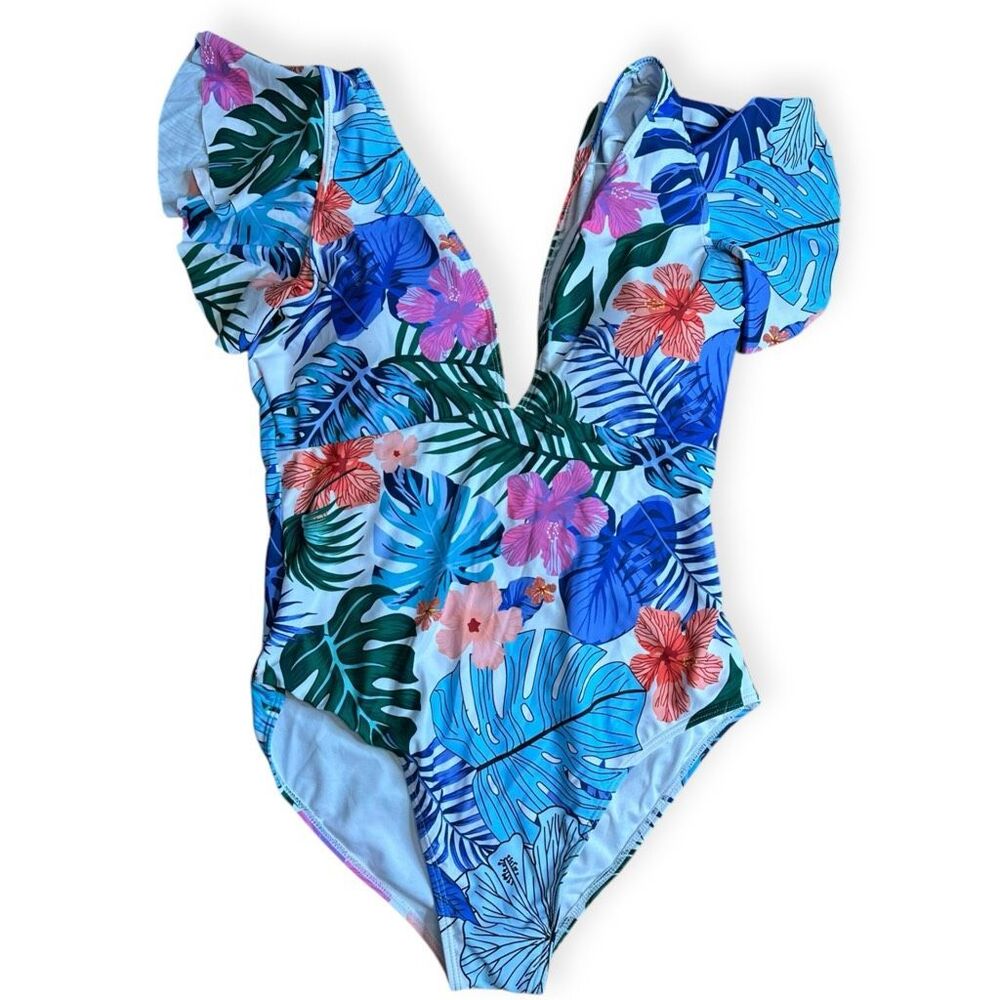 BINLOWIS Women’s White with Multicolor Floral Print Deep V Ruffle Top Swimsuit S